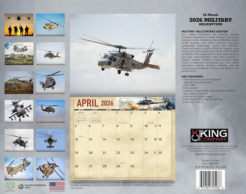 تقويم حائط طائرات الهليكوبتر العسكرية لعام 2026 مقاس 16 شهرًا مقاس كبير جدًا 14 × 22، تقويم طائرات الهليكوبتر في زمن الحرب من شركة KING-Monster Calendars in Kuwait