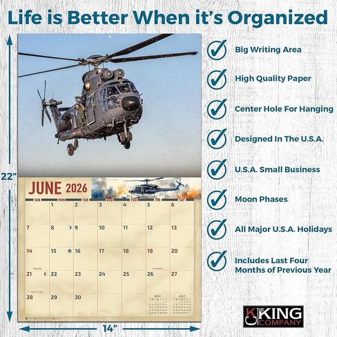 تقويم حائط طائرات الهليكوبتر العسكرية لعام 2026 مقاس 16 شهرًا مقاس كبير جدًا 14 × 22، تقويم طائرات الهليكوبتر في زمن الحرب من شركة KING-Monster Calendars in Kuwait
