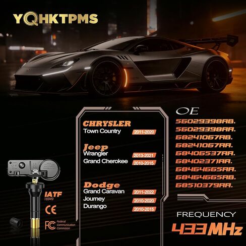 مستشعر الإطارات المبرمج مسبقًا TPMS 433 ميجاهرتز، مع➥Chrysler Town Country(11-20)➥Jeep Grand Cherokee(10-15)|Wrangler(13-21)➥Dodge Grand Caravan(11-22)|Journey(10-20)|Durango(10-15)/(مجموعة من 4) in Kuwait