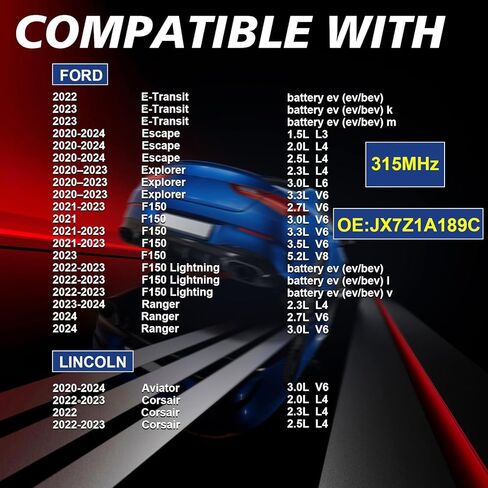 Pre-Programmed Tire Pressure Monitoring Sensor 315MHz TPMS Sensor Compatible with Ford 2020-2024 Escape 2020-2023 Explorer 2021-2023 F150, Ranger, for Lincoln Corsair 4PCS OE-JX7Z1A189C in Kuwait