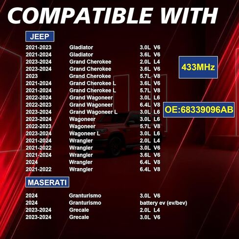Pre-Programmed Tire Pressure Monitoring Sensor 433MHz TPMS Sensor Compatible with Jeep 2021-2024 Grand Cherokee Gladiator Wrangler, for Maserati Grecale 4PCS Replace 68339096AB 68339096AA in Kuwait