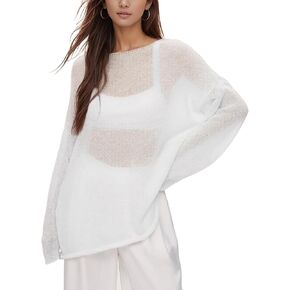 سترة نسائية كبيرة الحجم من نسيج شبكي شفاف، بلوفر بأكمام طويلة مفرغة على شكل جرس، ملابس كاجوال عصرية in Kuwait