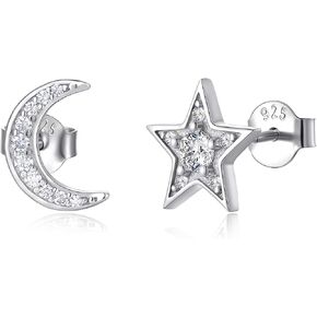 Asymmetrical Moissanite Stud Earrings for Women, Star and Moon Design, D Color VVS1 Clarity Moissanite, 925 Sterling Silver with 18K White Gold Plated, Fire Brilliance Hypoallergenic Jewelry Gift for Her in Saudi Arabia