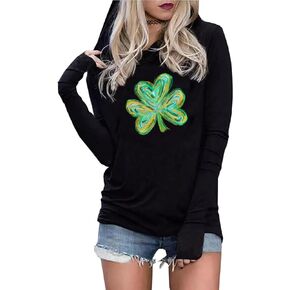 قميص بقلنسوة لعيد القديس باتريك للنساء، قميص برسومات Lucky Shamrock، قميص Lucky Clover Irish كاجوال بأكمام طويلة in Kuwait