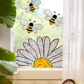 Double-Sided Sunflower Bee Window Clings, Spring Summer Static Stickers with Rainbow Prism Effect, Reusable Glass Decals for Home Office School Shop Window Mirror Decor in Kuwait