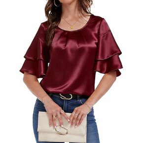 PEIQI Women's Short Sleeve Tops Dressy Casual Satin Silk Crewneck Blouse 2026 Party Loose Fit Shirts in Kuwait