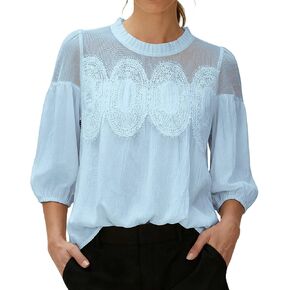 Bsubseach Women Lace Detail Blouses 3/4 Puff Sleeve Textured Swing Babydoll Mesh Top Crew Neck Embroided Elegant Shirt in Kuwait