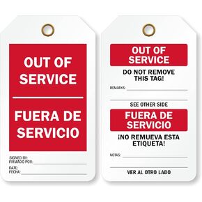 SmartSign Out of Service Bilingual 2-Sided Tag | 3.375" x 5.875" Plastic, Pack of 25, Made in USA in Kuwait
