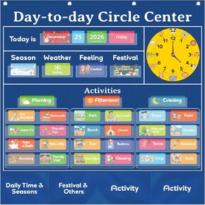 Classroom Calendar Pocket Chart with 221 Cards - Ideal for Homeschool & Classroom, Circle Time Calendar for kids - Days of the Week Preschool Calendar Wall Chart, Blue in Saudi Arabia