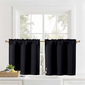 OVZME Black Kitchen Curtains 24 Inch Length - Light Filtering Solid Small Cafe Curtains, Short Window Curtains for Bathroom Basement RV Camper, 2 Panels, 30" Wx24 L in Kuwait