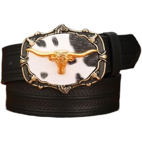 Faux Cowhide Print Longhorn Buckle - Feather Embossed PU Leather Strap Cowboy Rodeo Accessories 1.5" in Saudi Arabia