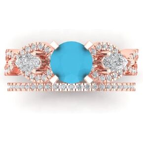 Wedding Ring Set for Women - 14K Solid Gold, Rose Gold Simulated Turquoise Engagament Ring and Stacking Zirconia Wedding Band Bridal Set, 1.925 tcw in Kuwait