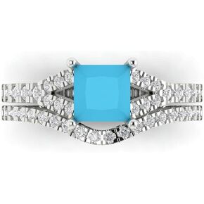 Wedding Ring Set for Women - 14K Solid Gold, White Gold Simulated Turquoise Engagament Ring and Stacking Zirconia Wedding Band Bridal Set, 3.4 tcw in Kuwait