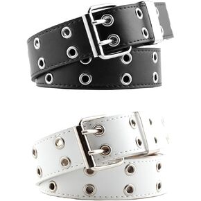 YMO Black Belt Women, White Double Grommet Leather Belt for Women Men Jeans Belts in Kuwait