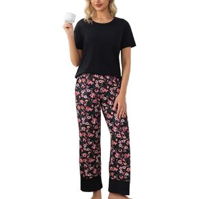 PNAEONG Womens Pajama Set Soft Comfy Short Sleeve Top and Printed Long Pants Lounge Sleepwear Pajamas with Pockets in Kuwait