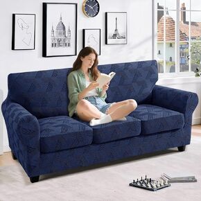 JIVINER 4 قطع غطاء أريكة لـ 3 وسائد، أغطية أريكة عالية التمدد مع قاعدة مرنة، أغطية أريكة قابلة للغسل للكلاب، الحيوانات الأليفة تتميز بنسيج جاكار هندسي (أريكة، أزرق داكن) in Kuwait