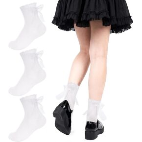 Fengek 3 أزواج من الجوارب النسائية المكشكشة للكاحل مع فيونكات، جوارب شفافة بنمط الأميرة ولوليتا اللطيفة لجميع المواسم in Kuwait