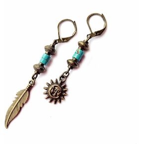 Bronze Turquoise Men Earrings Set of Two Feather Sun and Moon - Single Hippie Hoop Earrings Gemstone - Dangle Pirate Men's Earring - Tribal Man Earring in Kuwait