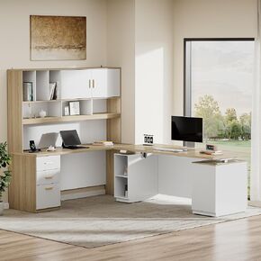 مكتب كهربائي قائم مقاس 71 بوصة، مجموعة أثاث مكتب تنفيذي مقاس 72.8 بوصة مع كوخ، لوحة خصوصية كبيرة لسطح المكتب من قطعة واحدة للمكتب المنزلي، محطة شحن، خزانة ملفات، خشب الجوز الخفيف in Kuwait