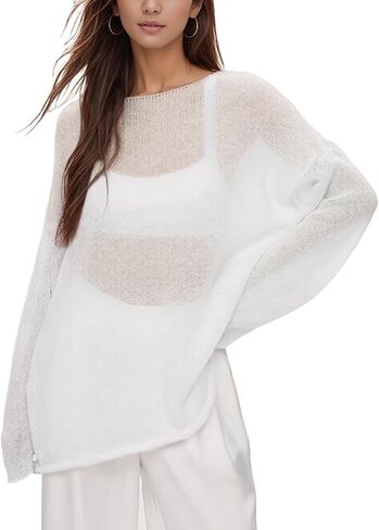 سترة نسائية كبيرة الحجم من نسيج شبكي شفاف، بلوفر بأكمام طويلة مفرغة على شكل جرس، ملابس كاجوال عصرية in Kuwait