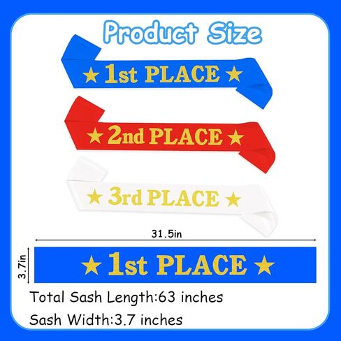 3 Pcs 1st 2nd 3rd Place Award Sash Set - Winner Satin Sashes Game Prizes Awards Honorable Mention Winner Victory for Parties, Contests, Sporting Events,Spelling Bee and Competitions in Kuwait