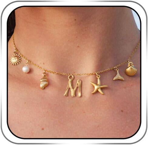 Initial Charm Necklace For Women Shell Letter Necklaces Gold Charms Pendant Boho Summer Seashell Beach 14k Starfish Surfer Jewelry Gifts in Kuwait