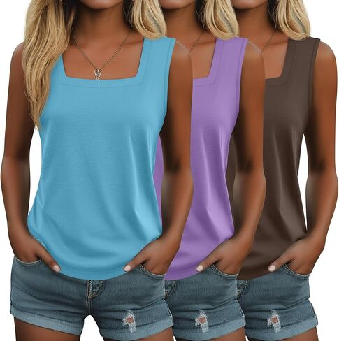 3 Pack Summer Women's Tank Tops Casual Sleeveless Shirt Loose Fit Square Neck Tank Top in Saudi Arabia