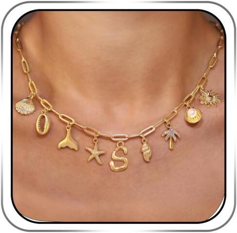 Initial Charm Necklace For Women Shell Letter Necklaces Gold Charms Pendant Boho Summer Seashell Beach 14k Starfish Surfer Jewelry Gifts in Saudi Arabia
