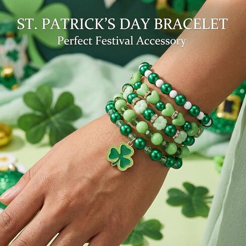 NextArt St. Patrick’s Day Bracelets for Women,Lucky Leaf Shamrock Charm Beaded Stackable Stretch Bracelet St Patricks Day Outfits Accessories Party Favors Green Irish Holiday Jewelry Gifts in Saudi Arabia