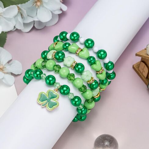 NextArt St. Patrick’s Day Bracelets for Women,Lucky Leaf Shamrock Charm Beaded Stackable Stretch Bracelet St Patricks Day Outfits Accessories Party Favors Green Irish Holiday Jewelry Gifts in Saudi Arabia
