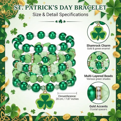 NextArt St. Patrick’s Day Bracelets for Women,Lucky Leaf Shamrock Charm Beaded Stackable Stretch Bracelet St Patricks Day Outfits Accessories Party Favors Green Irish Holiday Jewelry Gifts in Saudi Arabia