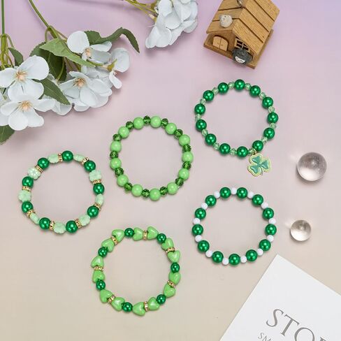 NextArt St. Patrick’s Day Bracelets for Women,Lucky Leaf Shamrock Charm Beaded Stackable Stretch Bracelet St Patricks Day Outfits Accessories Party Favors Green Irish Holiday Jewelry Gifts in Saudi Arabia