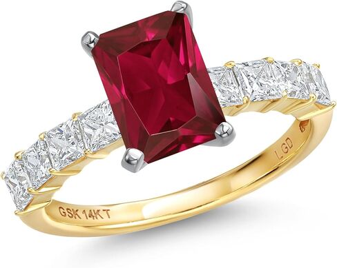 Gem Stone King 14K White And Yellow Gold Red Created Ruby and Lab Grown Diamond Engagement Ring For Women | 4.76 Cttw | Emerald Cut 10X8MM | Wedding Engagement Anniversary Ring For Women in Saudi Arabia