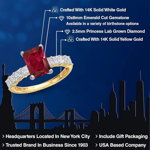 Gem Stone King 14K White And Yellow Gold Red Created Ruby and Lab Grown Diamond Engagement Ring For Women | 4.76 Cttw | Emerald Cut 10X8MM | Wedding Engagement Anniversary Ring For Women in Saudi Arabia
