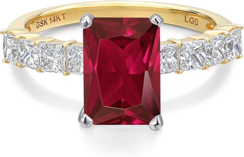 Gem Stone King 14K White And Yellow Gold Red Created Ruby and Lab Grown Diamond Engagement Ring For Women | 4.76 Cttw | Emerald Cut 10X8MM | Wedding Engagement Anniversary Ring For Women in Saudi Arabia