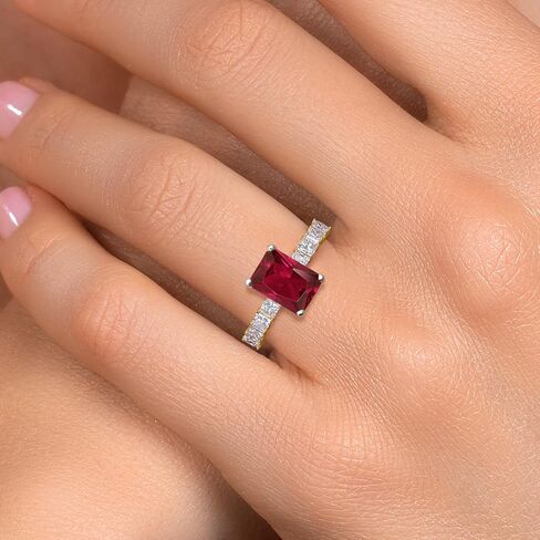 Gem Stone King 14K White And Yellow Gold Red Created Ruby and Lab Grown Diamond Engagement Ring For Women | 4.76 Cttw | Emerald Cut 10X8MM | Wedding Engagement Anniversary Ring For Women in Saudi Arabia