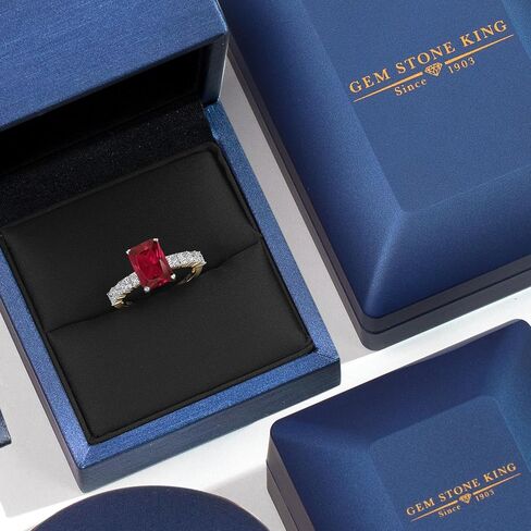 Gem Stone King 14K White And Yellow Gold Red Created Ruby and Lab Grown Diamond Engagement Ring For Women | 4.76 Cttw | Emerald Cut 10X8MM | Wedding Engagement Anniversary Ring For Women in Saudi Arabia