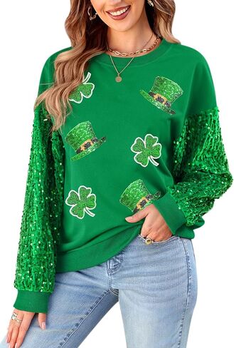 For G and PL Women St Patricks Sparkle Irish Long Sleeve Shirts Shamrock Crewneck Sequin Sweatshirts Hat Clover M in Saudi Arabia