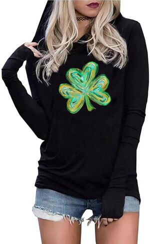 قميص بقلنسوة لعيد القديس باتريك للنساء، قميص برسومات Lucky Shamrock، قميص Lucky Clover Irish كاجوال بأكمام طويلة in Kuwait