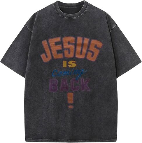 Men's Retro Washed Cotton Christian T-Shirt, Loose Street Style Printed T-Shirt, Jesus is King Bible Text Print in Saudi Arabia