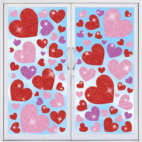 8 Sheets Valentines Day Heart Window Clings Glitter Heart Window Stickers Reusable Red Pink Love Hearts Windows Decals for Valentines Wedding Anniversary Party Home Office School Glass Decorations in Saudi Arabia