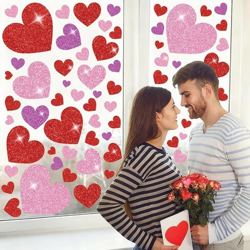 8 Sheets Valentines Day Heart Window Clings Glitter Heart Window Stickers Reusable Red Pink Love Hearts Windows Decals for Valentines Wedding Anniversary Party Home Office School Glass Decorations in Saudi Arabia