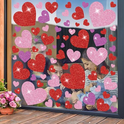 8 Sheets Valentines Day Heart Window Clings Glitter Heart Window Stickers Reusable Red Pink Love Hearts Windows Decals for Valentines Wedding Anniversary Party Home Office School Glass Decorations in Saudi Arabia