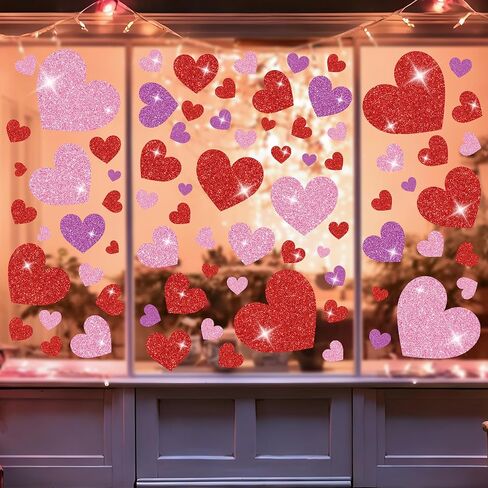 8 Sheets Valentines Day Heart Window Clings Glitter Heart Window Stickers Reusable Red Pink Love Hearts Windows Decals for Valentines Wedding Anniversary Party Home Office School Glass Decorations in Saudi Arabia