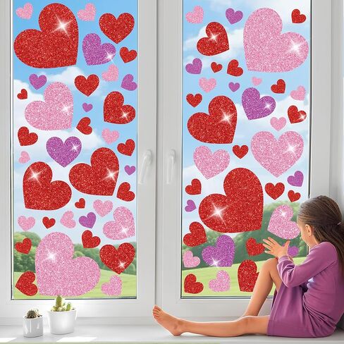 8 Sheets Valentines Day Heart Window Clings Glitter Heart Window Stickers Reusable Red Pink Love Hearts Windows Decals for Valentines Wedding Anniversary Party Home Office School Glass Decorations in Saudi Arabia
