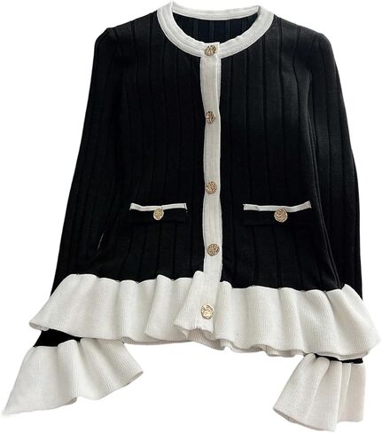 SOLY HUX Women's Crew Neck Elegant Button Up Cardigan Ruffle Long Sleeve Knit Sweater Office Outfit in Saudi Arabia