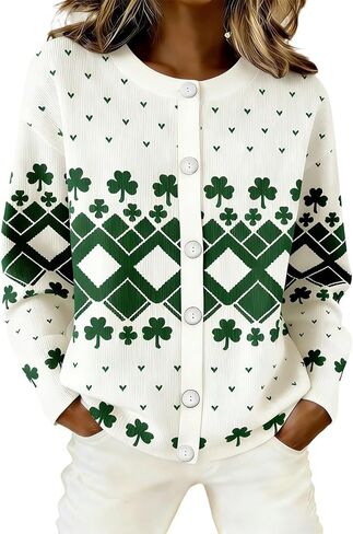 St Patricks Day Sweater Women 2026 Irish Casual Long Sleeve Button Down Shamrock Shirts Cardigan Holiday Outfits in Saudi Arabia