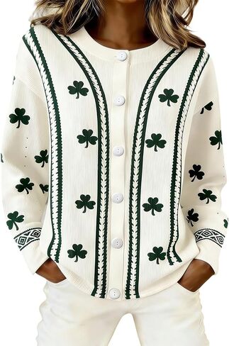 St Patricks Day Sweater Women 2026 Irish Casual Long Sleeve Button Down Shamrock Shirts Cardigan Holiday Outfits in Saudi Arabia