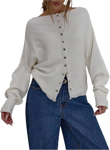 SOLY HUX Women's Button Down Cardigans Boat Neck Long Sleeve Loose Sweater Coats in Saudi Arabia