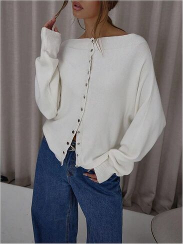 SOLY HUX Women's Button Down Cardigans Boat Neck Long Sleeve Loose Sweater Coats in Saudi Arabia